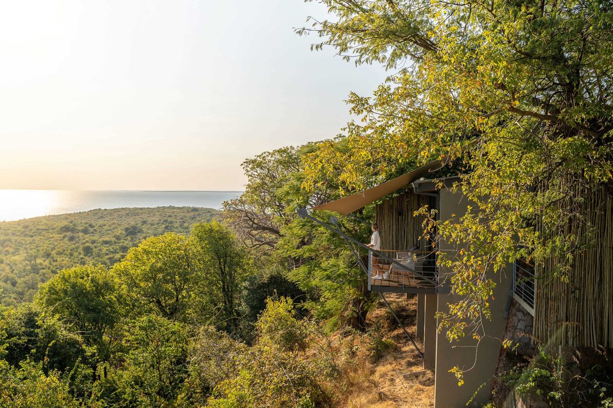 Elevated deck with escarpment and lake views at Bumi Hills Safari Lodge.