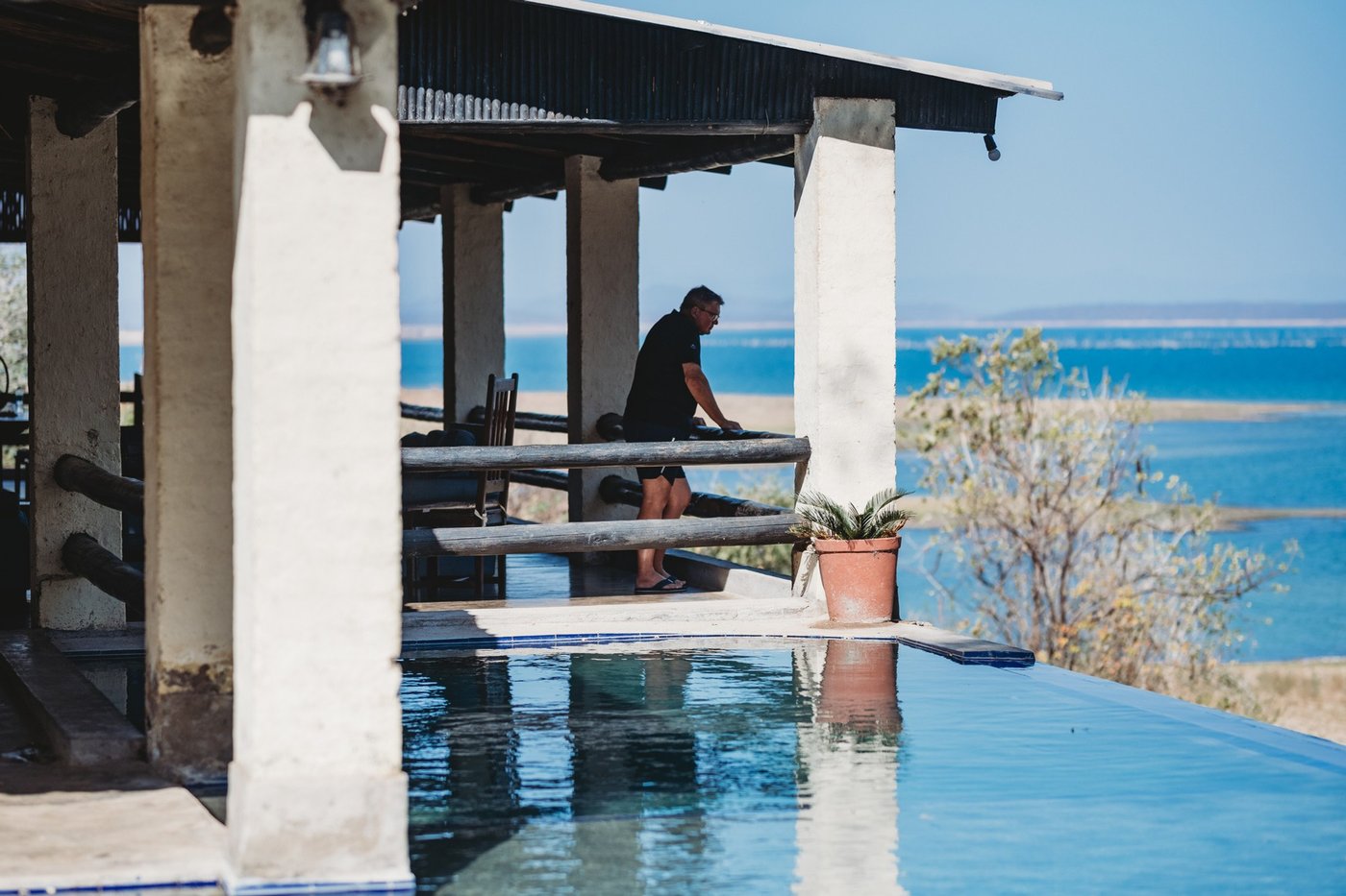 Poolside pergola overlooking Lake Kariba at Fisherman's Cove.