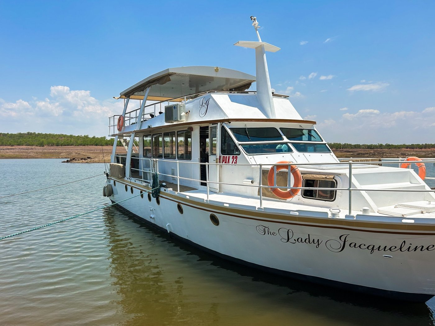 The houseboat Lady Jacqueline moored on Lake Kariba near Matusadona's northern shore.