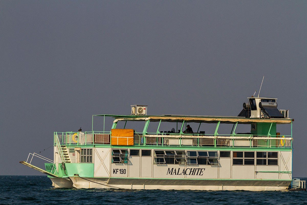 Green and white decks of the Malachite catamaran against a grey evening sky.